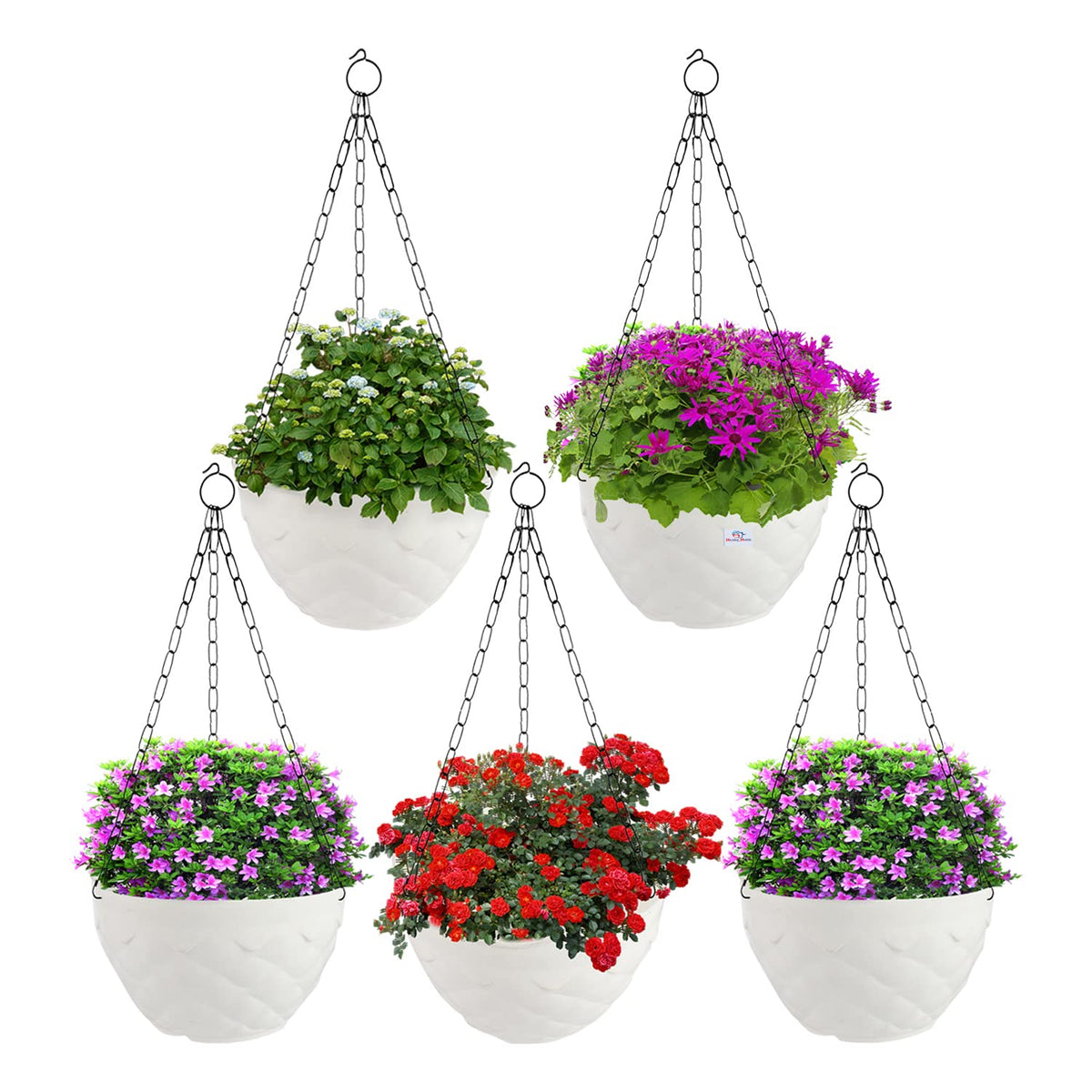 Heart Home Diamond Flower Pot|Durable Plastic Hanging Basket Flower Planter with Chain for Home|Garden|Balcony|Pack of 5 (White)