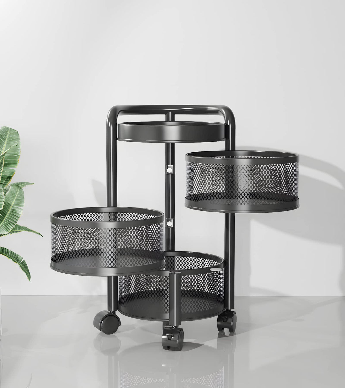 Kuber Industries 4Th Generation Round Rotating Rack|3-Layer Kitchen Trolley with 360 Rotation|Portable Storage Rack for Bathroom, Bedroom (Black)