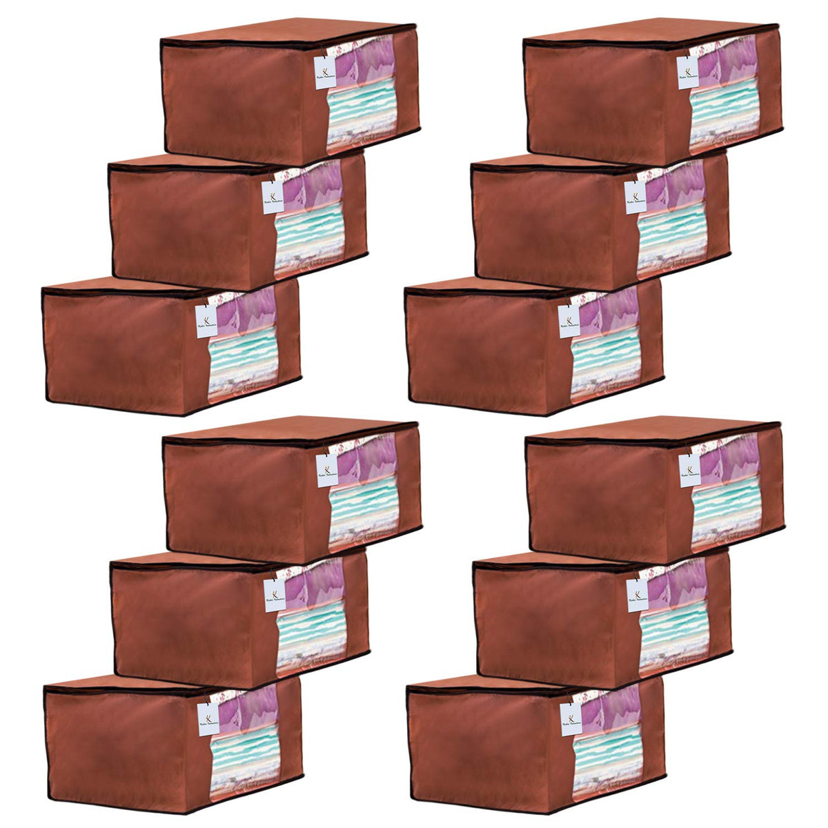 Kuber Industries 12 Piece 22 cms Non Woven Fabric Saree Cover Set with Transparent Window, Extra Large, Dark Brown
