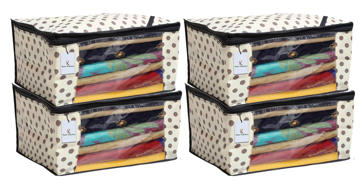 Kuber Industries Black Polka Dot 4 Piece Non Woven Saree Cover, Large, Ivory-CTKTC14122