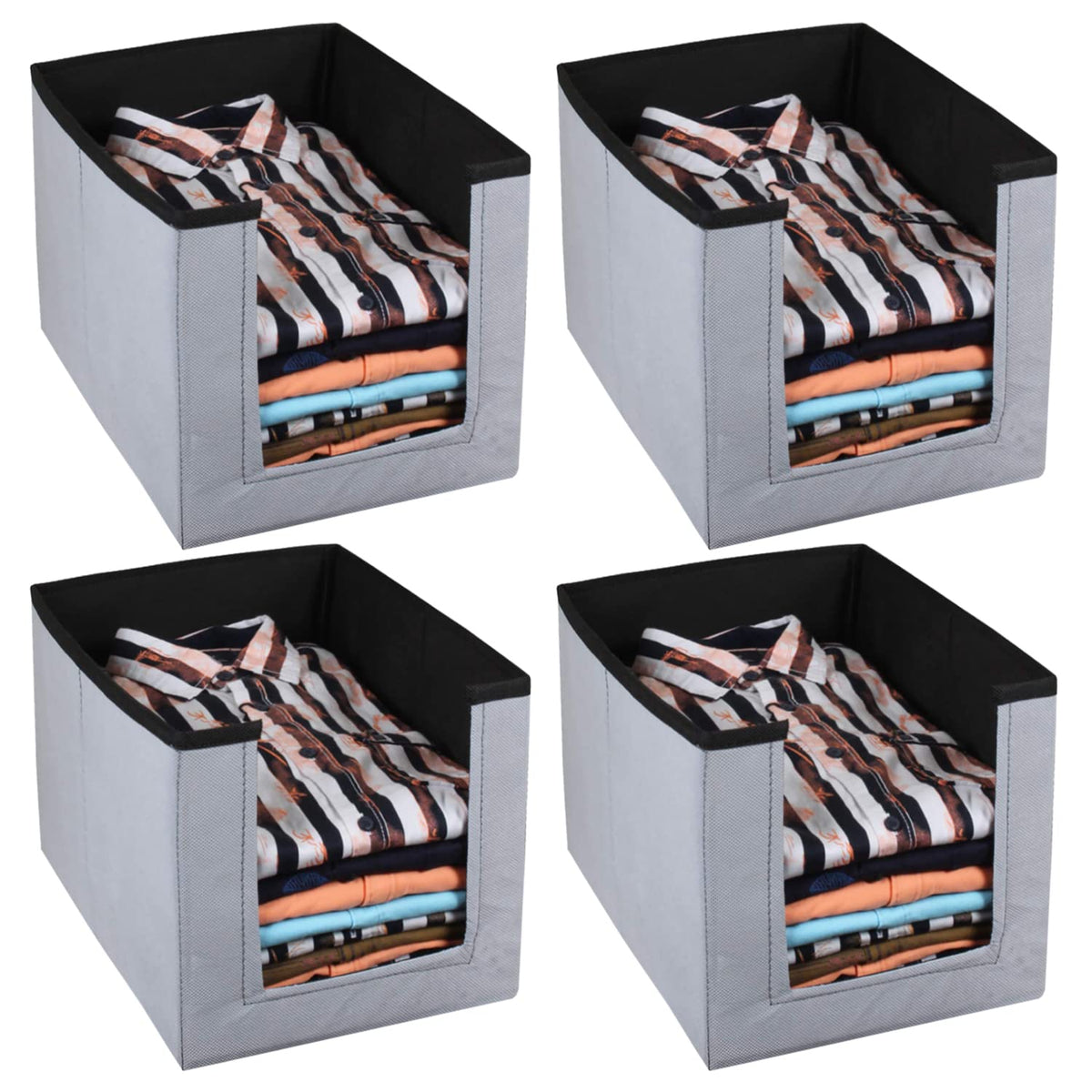 Heart Home Non-Woven Foldable Shirt Stacker Closet Organizer With Handles- Pack of 4 (Black & Grey)-HS43HEARTH26542