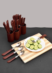 Heart Home Premium ABS Plastic & Stainless Steel Cutlery Set with Stand for Kitchen/Dining, Set of 24 (Brown)