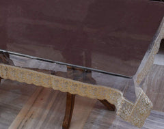 Kuber Industries PVC 6 Seater Transparent Dining Table Cover With golden Lace (Gold)