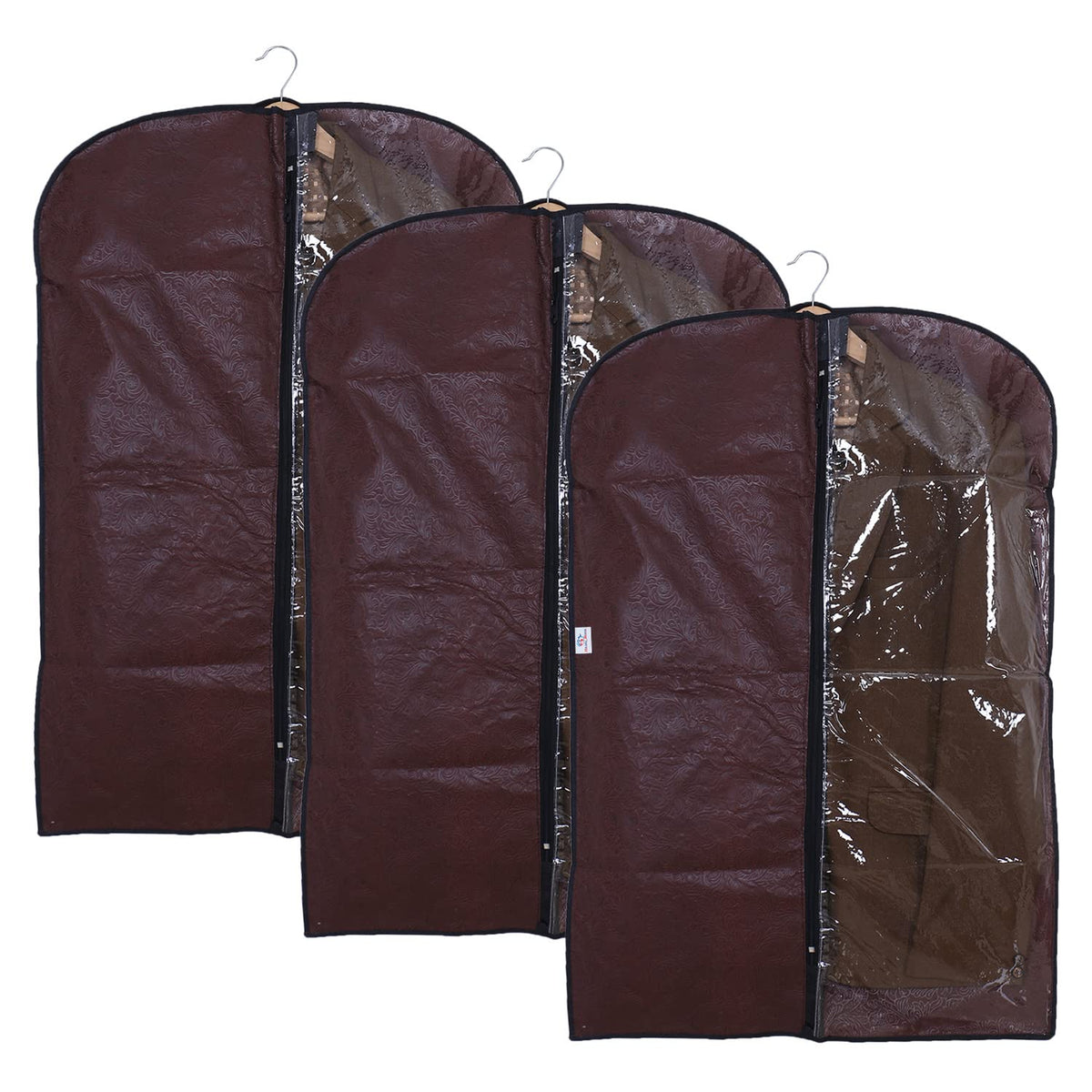 Heart Home Embossed Coat Cover|Non Woven Foldable Hanging Blazer Cover|Half Transparent Wardrobe Organizer, Pack of 3 (Brown)