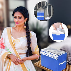 Heart Home Storage Box|Non-Woven Dot Print Foldable Storage Box|Large Wardrobe Organizer for Toys|Cloths with Transparent Lid & Handle|Pack of 3 (Blue)