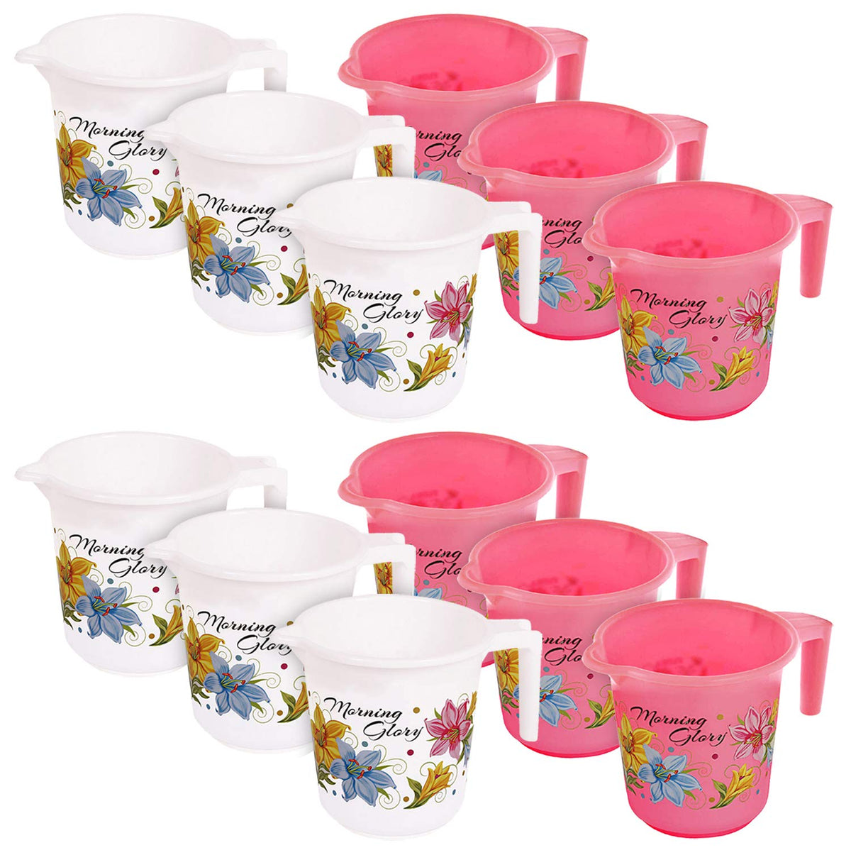 Kuber Industries Floral Print 12 Pieces Unbreakable Strong Plastic Bathroom Mug, 500 ML (Pink & White)-KUBMART10291