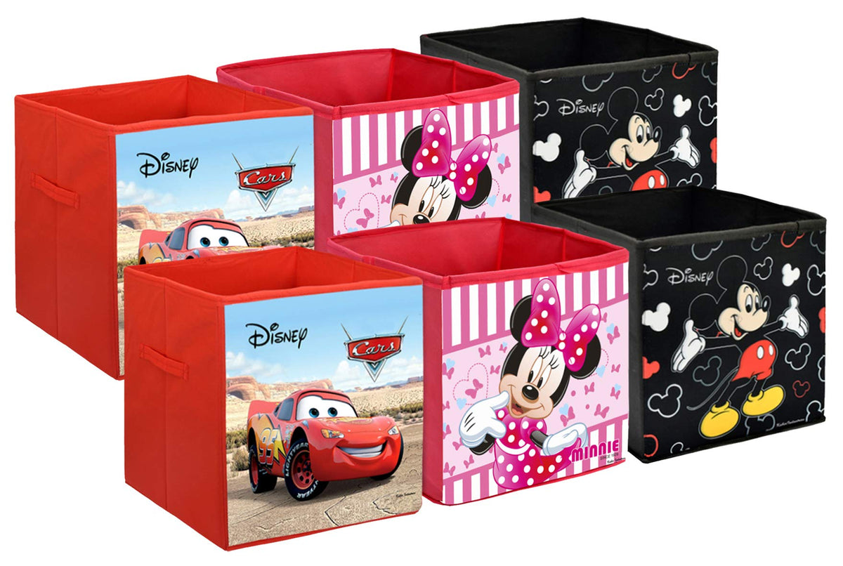 Kuber Industries Disney Print Non Woven Fabric 6 Pieces Foldable Large Size Storage Cube Toy, Books, Shoes Storage Box with Handle (Black & Brown & Pink)