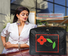 Heart Home Polyester Clothes Storage Bag for Travel|Moisture Proof & Foldable|Flower Pattern Wardrobe Organizer Large Size|Pack of 2 (Black)