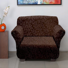 Heart Home Leaf Printed Polyster Stretchable Single Seater Sofa Cover for Home, Office, Hotels with Foam Stick (Brown)-50HH01396
