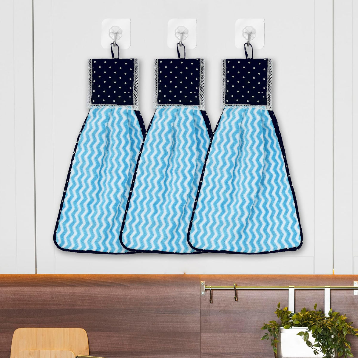 Heart Home Napkin | Washbasin Hanging Napkin | Kitchen Towel with Ties | Napkin for Kitchen | Zig Zag Napkin for Bathroom | Hand Towel for Kitchen | Pack of 3 | Blue