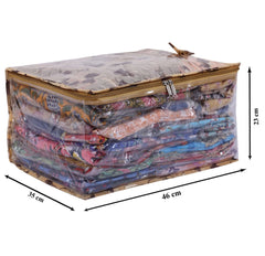 Kuber Industries Floral Print PVC Laminated Foldable Bow Saree Cover|Clothes|Wardrobe Organizer For Home & Travle With Transparent, Extra Large Pack of 2 (Gold)