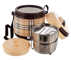 Heart Home Check Deisgn BPA Free Food Grade Insulated Lunch Box with 2 Steel Container & 1 Plastic Pickel Box (Cream & Coffee)