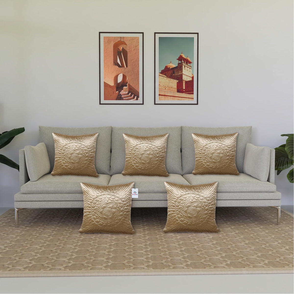 Heart Home Cushion Cover | Satin Embossed Quilted Cushion Cover | Cushion Cover for Sofa | Cushion Covers for Home Décor | 16 Inch | Set of 5 | Cream