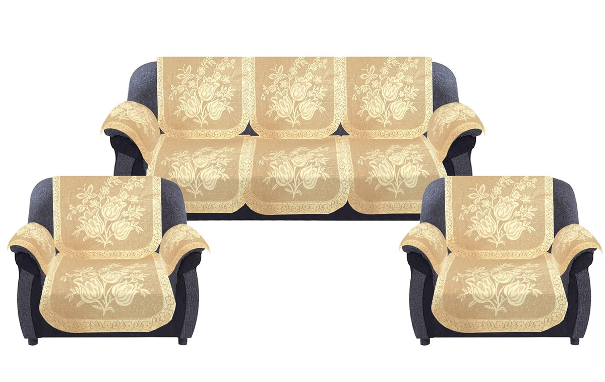 Kuber Industries Flower Printed 5 Seater Cotton Sofa Cover Set with 6 Pieces Arms Cover (Cream)-44KM0585, 12