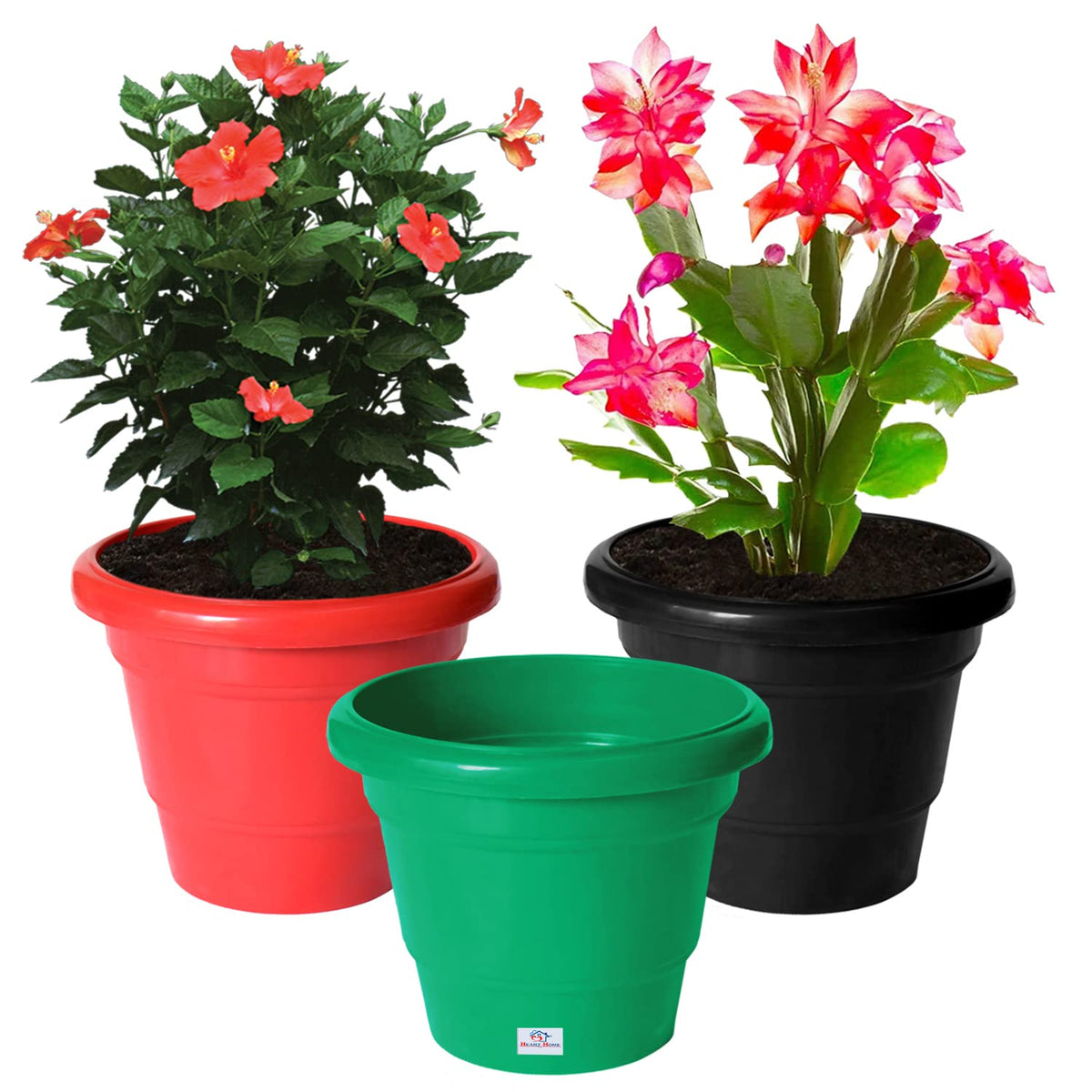 Heart Home Solid 2 Layered Plastic Flower Pot|Gamla for Home Decor,Nursery,Balcony,Garden,8"x 6",Pack of 3 (Green & Red & Black)