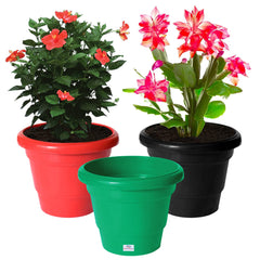 Heart Home Solid 2 Layered Plastic Flower Pot|Gamla for Home Decor,Nursery,Balcony,Garden,8"x 6",Pack of 3 (Green & Red & Black)
