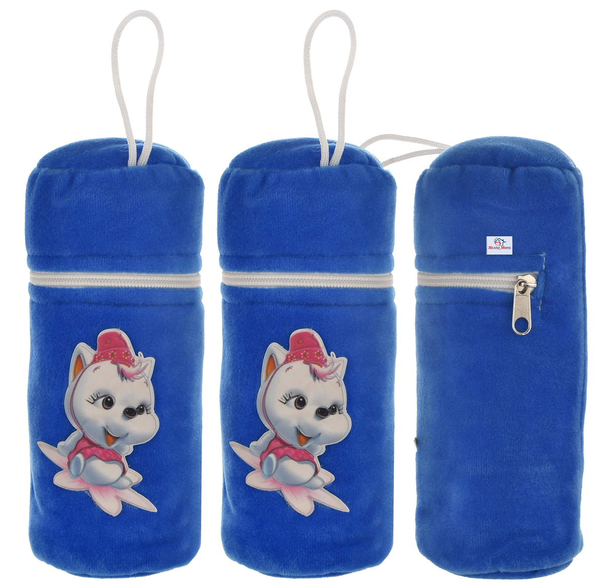 Heart Home Cartoon Printed Soft Velvet Stretchable Baby Feeding Bottle Cover With Easy to Hold Strap, Pack of 3 (Blue)