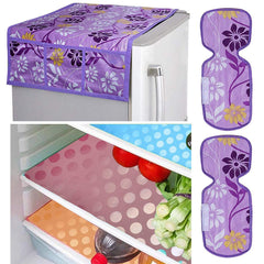 Kuber Industries Flower Design Combo PVC 3 Pieces Fridge Mats, 2 Piece Handle Cover and 1 Piece Fridge Top Cover(Purple)