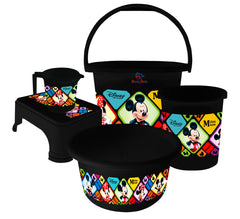 Heart Home Disney Mickey Minnie Print Plastic Bathroom Set of 5 Pieces with Bucket, Tub, Stool, Dustbin & Mug (Black)-HEARTHS15273 -HS_35_HEARTHS17967