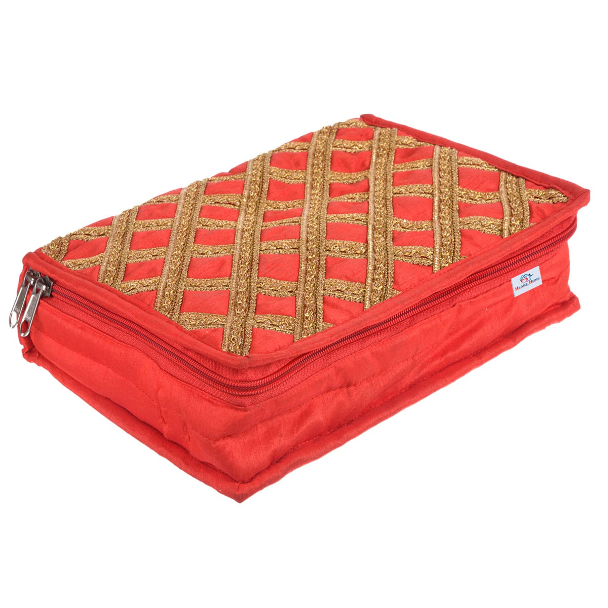 Heart Home Jewellery Kit with Bangle Roll | Polyester Gota Lace Check Design Vanity Organizer | 4 Transparent Pouch & 1 Compartment Cosmatic Kit | Red