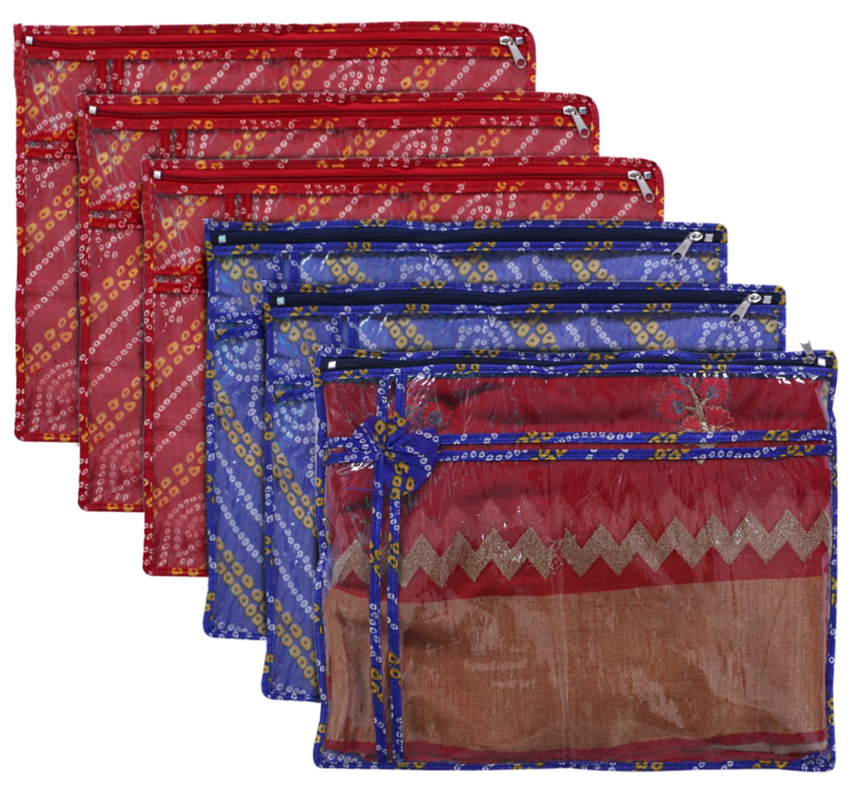 Kuber Industries Bandhani Print PVC Foldable Single Saree Cover|Clothes Storage For Saree, Lehenga, Suit With Transparent Pack of 6 (Blue & Red)