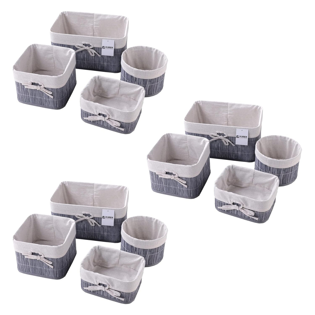 Kuber Industries Pack of 12 Bamboo Storage Basket With Liner|Fodable Storage Organizer|Box For Cloth, Toiletry, Bathroom|Capacity 12.9L, 6L, 3L, 3.3L|GREY|