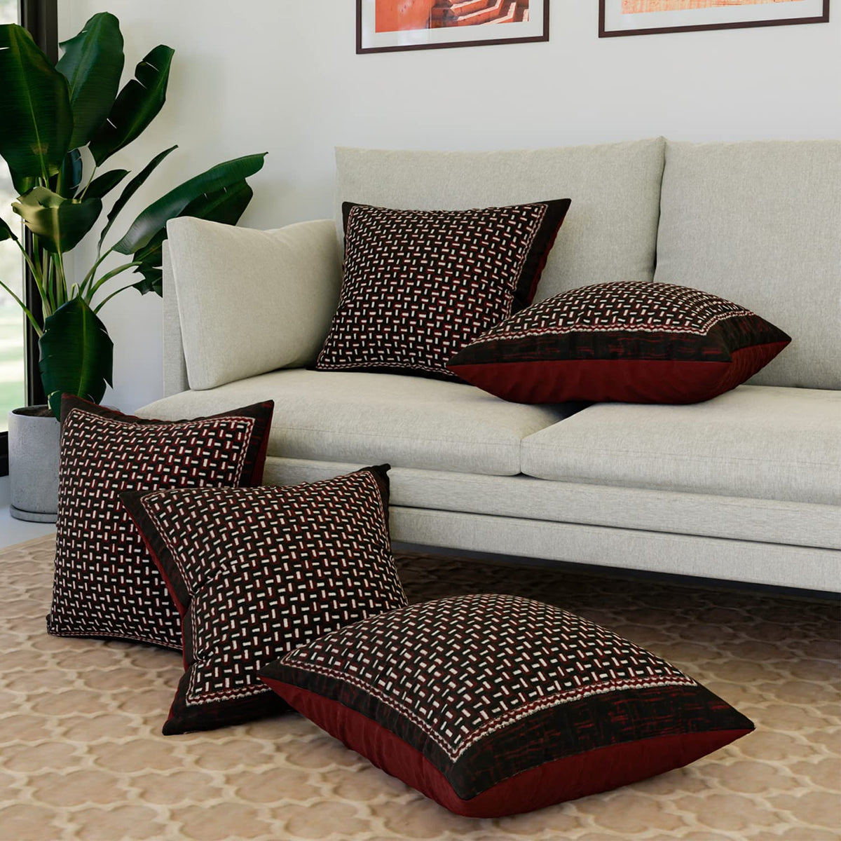 Kuber Industries Cushion Cover | Sofa Cushion Covers | Square Cushion Covers | Velvet Cushion Covers | Shanil Print Couch Cushion Covers | Set of 5 | 16 Inch | Maroon