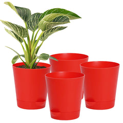 Kuber Industries Plastic Titan Pot|Garden Container for Plants & Flowers|Self-Watering Pot with Drainage Holes,6 Inch,Pack of 4 (Red)