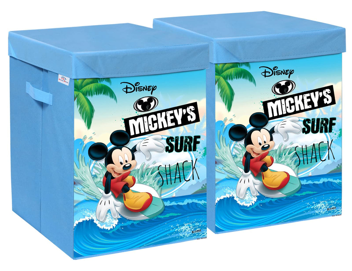 Heart Home Disney Mickey Surf Print Foldable Laundry Basket|Clothes Storage Basket With Handle & Lid,60 Ltr.Pack of 2 (Blue)