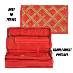Heart Home Jewellery Organizer | Polyester Gota Lace Check Design Vanity Organizer | 4 Transparent Pouch & 1 Compartment Cosmatic Kit | Red