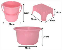 Kuber Industries 3 Pieces Plastic Bucket, Stool & Tub Set (Pink)