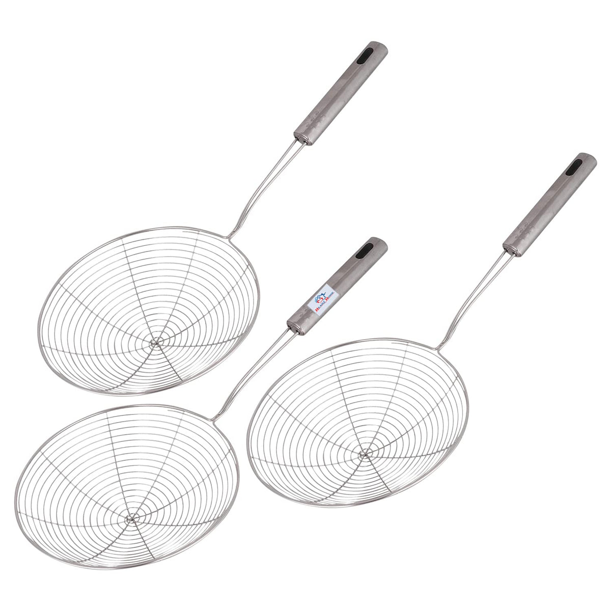 Heart Home Puri Strainer|Stainless Steel Jhar for Cooking & Frying|Versatile Deep Fry Chalni with Handle for Kitchen|20 cm|Pack of 3 (Silver)