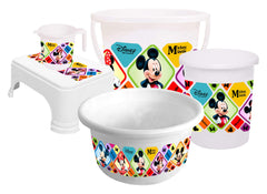 Kuber Industries Disney Mickey Minnie Print Plastic Bathroom Set of 5 Pieces with Bucket, Tub, Stool, Dustbin & Mug (White)-KUBMARTS15273 -HS_35_KUBMARTS17969