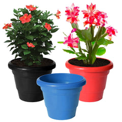 Kuber Industries Solid 2 Layered Plastic Flower Pot|Gamla for Home Decor,Nursery,Balcony,Garden,8"x 6",Pack of 3 (Black & Blue & Red)