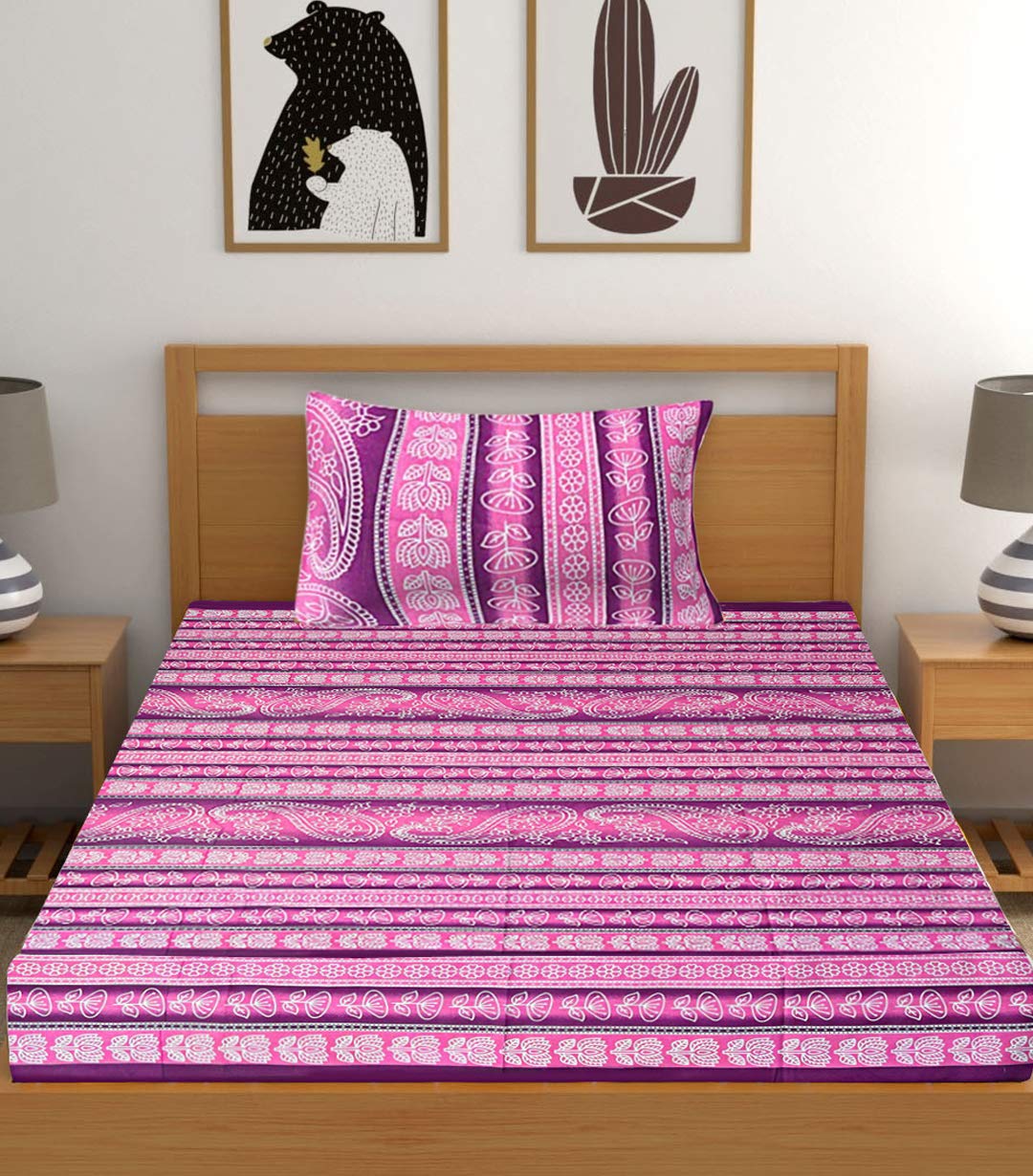 Kuber Industries Kerry Design Cotton Single Bedsheet with 1 Pillow Covers, Pink-KUBMART10699