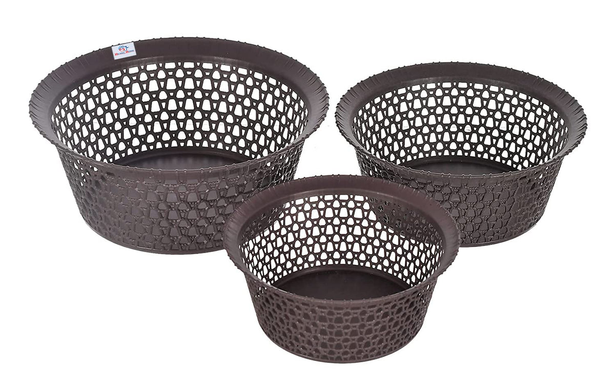 Heart Home Storage Basket|Plastic Round Versatile Basket|Organizer for Kitchen|Countertop|Cabinet|Bathroom|Set of 3 (Brown)