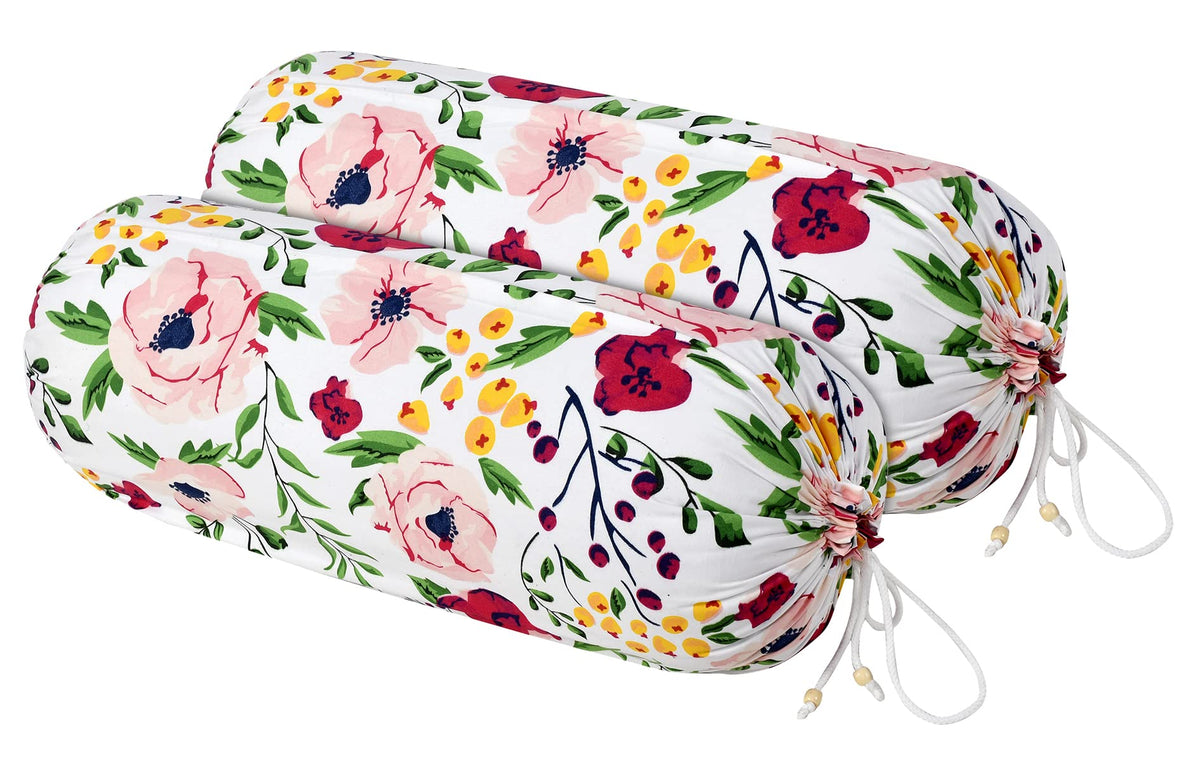 Kuber Industries Flower Printed Cotton Bolster Cover|Ideal 16x32 Inch Size|Soft & Smooth Cotton|Deewan Round Pillow Cover|Pack of 2 (White & Pink)-44KM0129