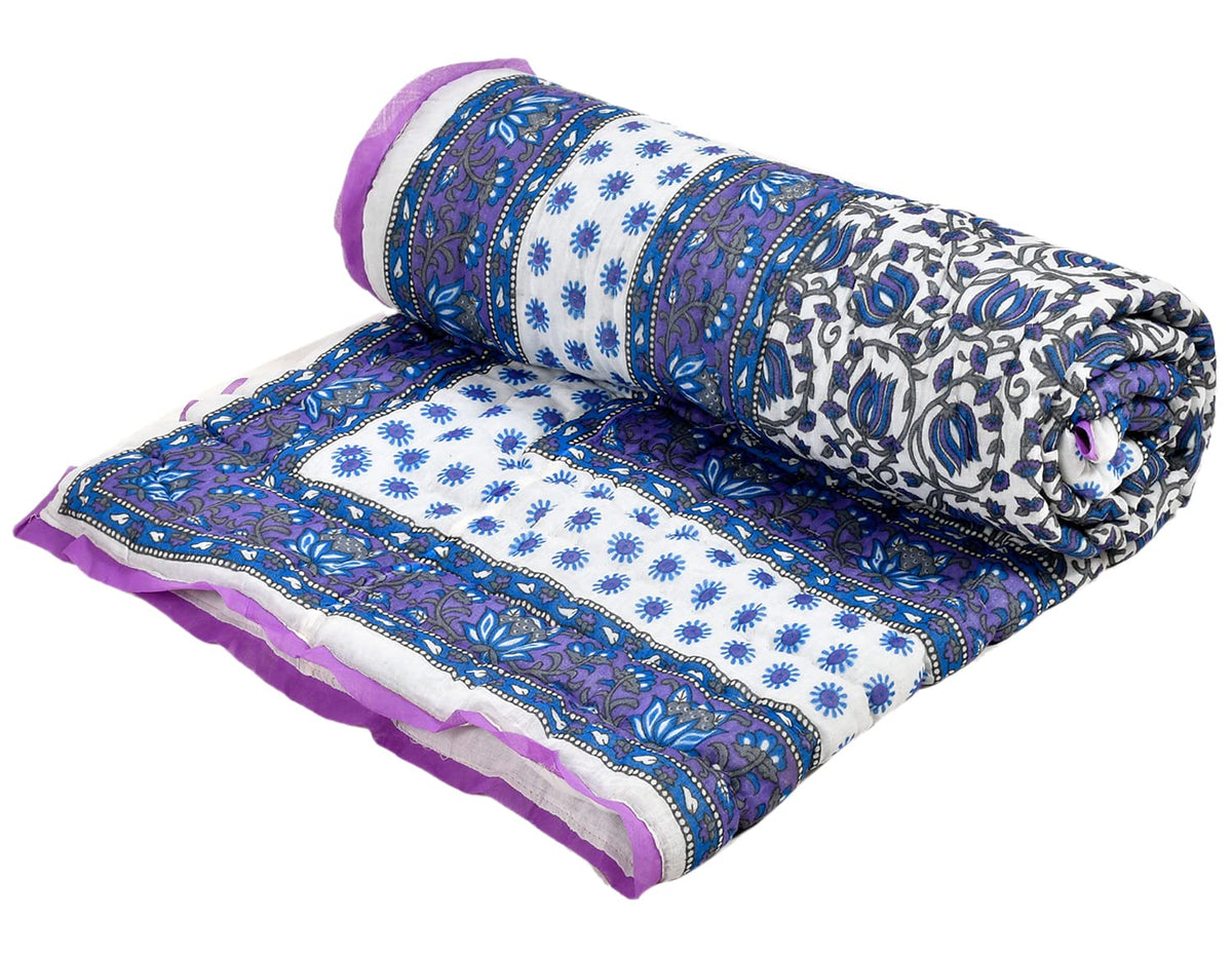 Kuber Industries Floral Print All-Season Microfiber Filler Cotton Reversible Double Bed Quilt, Blanket 90"x100" (Blue)-48KM020
