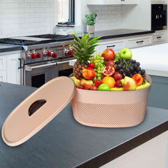 Heart Home Unbreakable Medium Multipurpose Storage Baskets with lid|Design-Netted|Material-Plastic|Shape-Oval|Color-Beige|Pack of 2