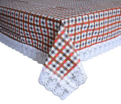 Heart Home Check Printed PVC 4 Seater Center Table Cover, Protector with White Lace Border, 40"x60" (Maroon)
