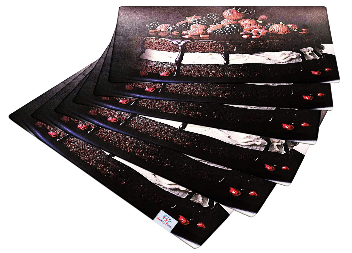 Heart Home Multiuses Strawberry Print PVC Table Placemat for Kitchen, Dining Table Set of 6 (Black) 52HH4059