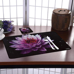 Heart Home Lotus Printed PVC Stain Resistant, Anti-Skid, Waterproof 6 Pcs Placemats with 6 Pcs Tea Coasters Set for Dining Kitchen Restaurant Table, Set of 12 (Black)