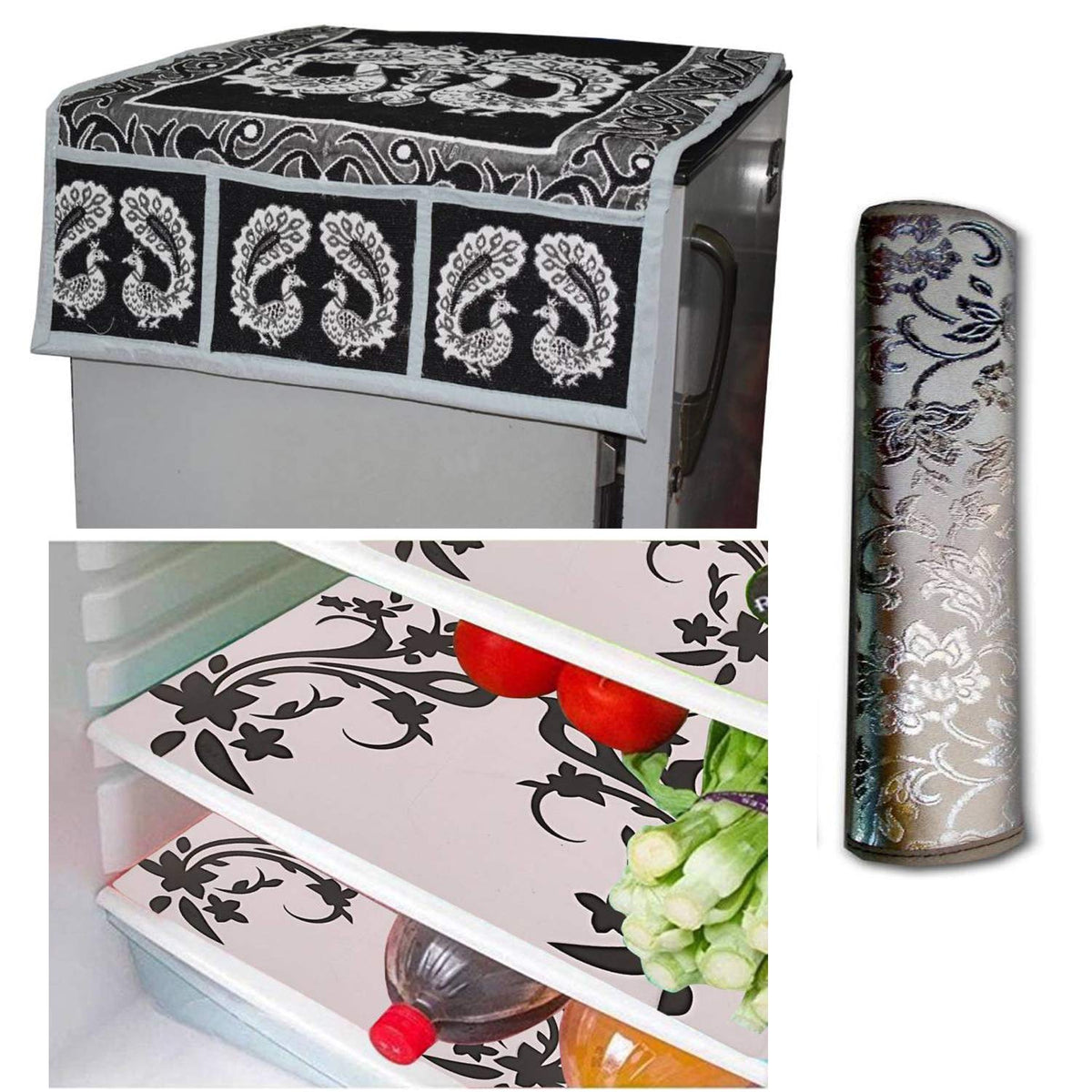 Kuber Industries Cloth 3 Pieces Fridge Mat, 1 Piece Handle Cover and 1 Pieces Fridge Top Cover (Multi)-CTKTC2779