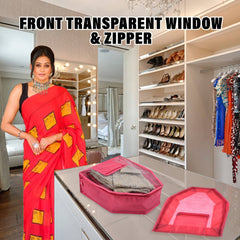 Kuber Industries Blouse Cover | Non Woven Foldable Wardrobe Organizer For Woman | Cloth Organizer Top Transparent & One Small Pocket | Pack of 3 | Pink