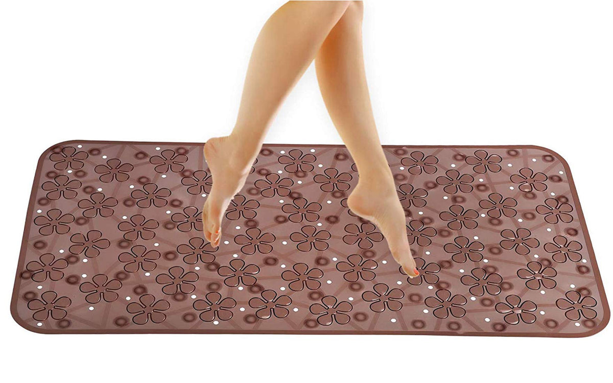 Kuber Industries CTKTC032658 Flower Design PVC Non Slip Bath Mat with Suction Cups (27"x14", Brown)