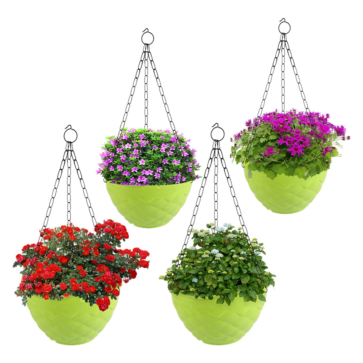 Kuber Industries Diamond Flower Pot|Durable Plastic Hanging Basket Flower Planter with Chain for Home|Garden|Balcony|Pack of 4 (Green)