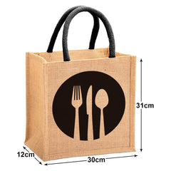 Kuber Industries Fork Knife Print Jute Reusable Eco-Friendly Hand Bag/Grocery Bag For Man, Woman With Handle (Black) 54KM4355
