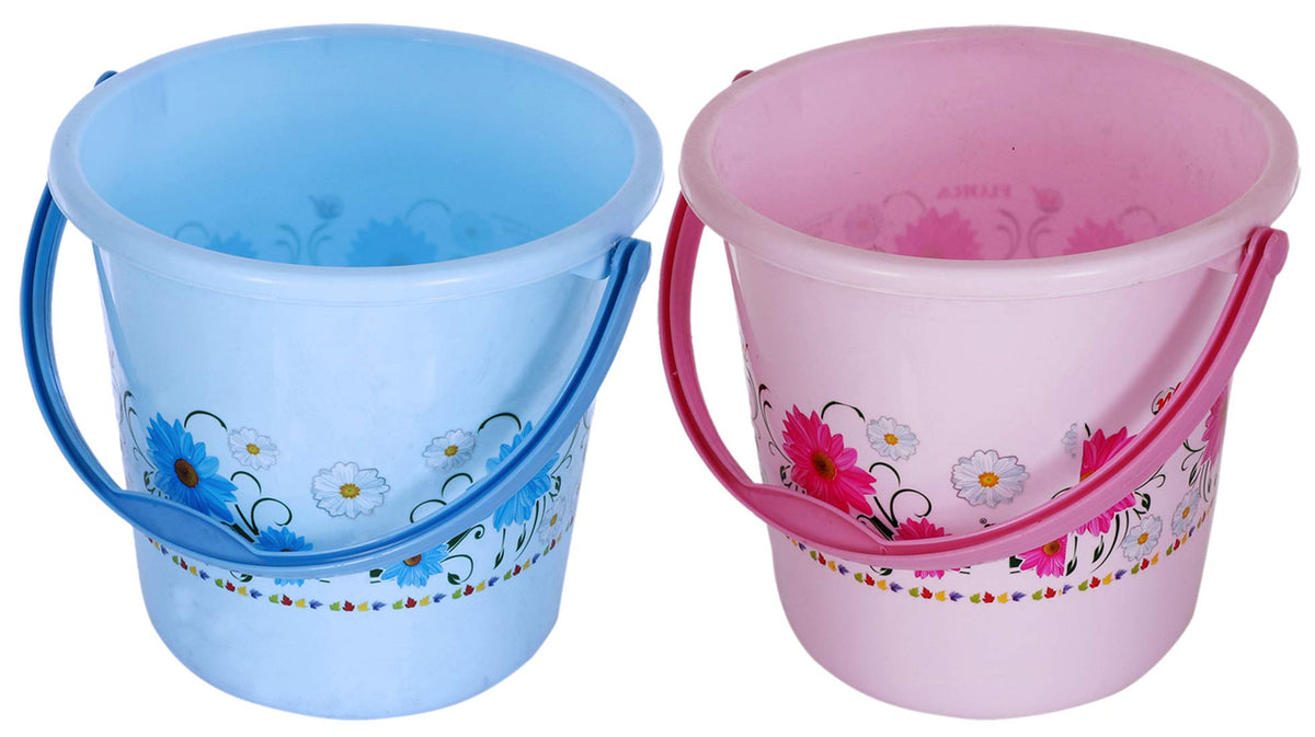 Kuber Industries Floral Design 2 Pieces Unbreakable Strong Plastic Bathroom Bucket 18 LTR (Blue & Pink) - CTKTC034699