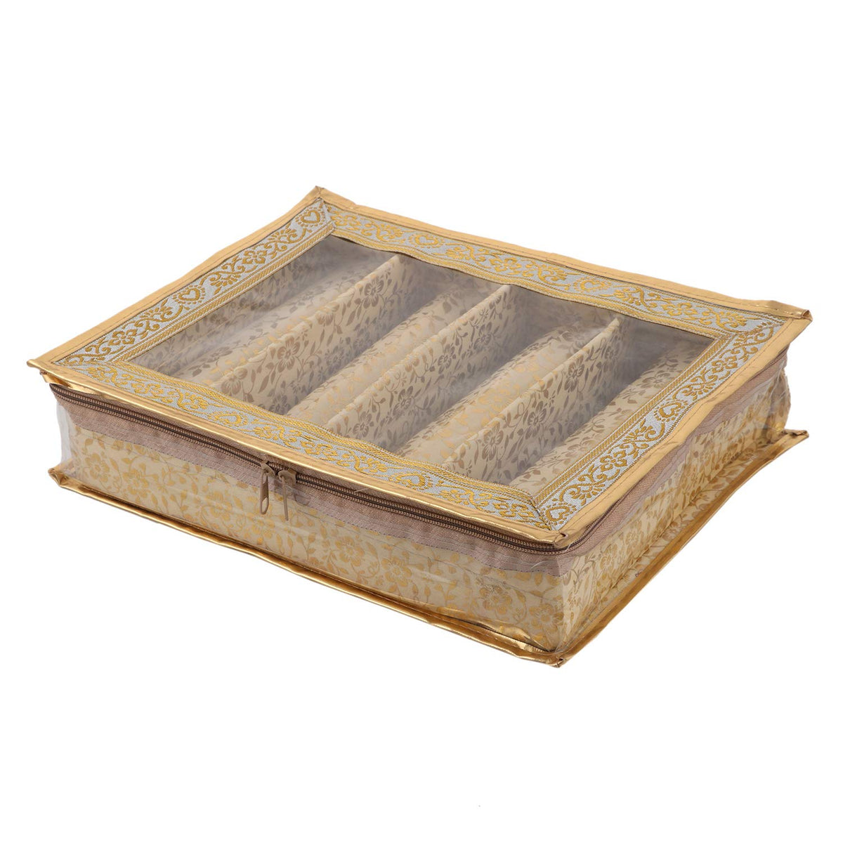 Kuber Industries Wooden Brocade Hardboard Four Rod Bangle Box (Gold) - CTKTC025695