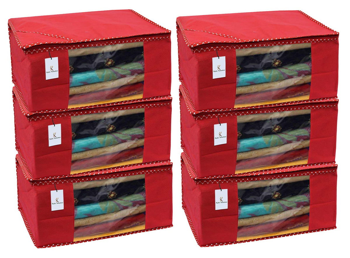 Kuber Industries Foldable Solid Saree Covers With Zip|Wardrobe Organizer For Clothes|Transparent Window Keep 8 To 10 Saree|Suitable for Lehenga, Suit, Dress|Pack of 6 (Red)